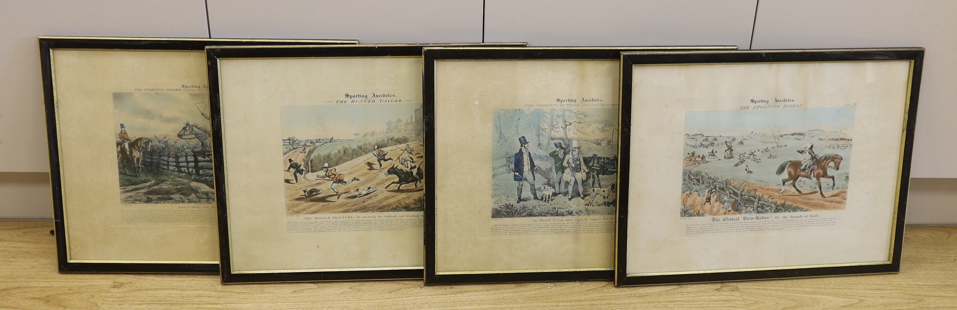 After Henry Thomas Alken (1785-1851) set of four colour etchings, Sporting Anecdotes including 'The Sorting Bishop' and 'The Hunted Tailor', each 53 x 40cm